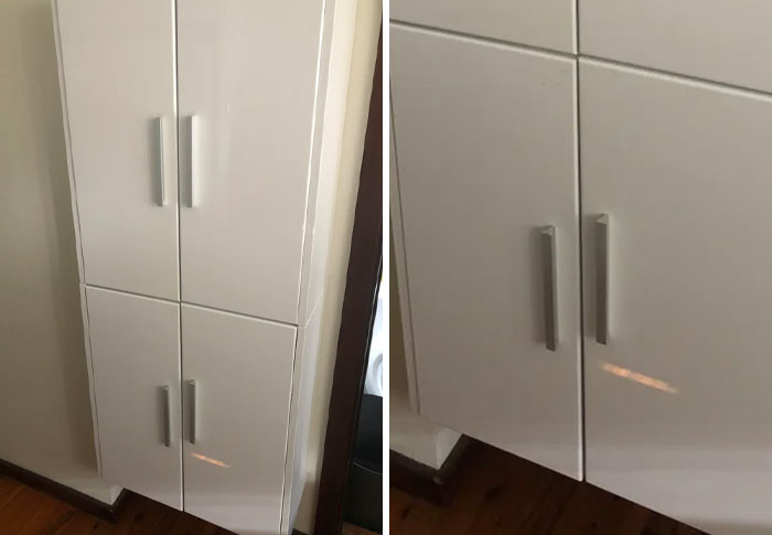 Two white cabinet doors misaligned, illustrating imperfect things that annoy people with OCD tendencies.