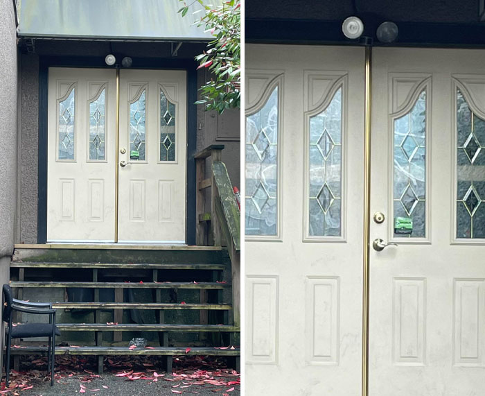 Double doors with uneven handles and dirty panels, an example of imperfect things that annoy people with OCD.