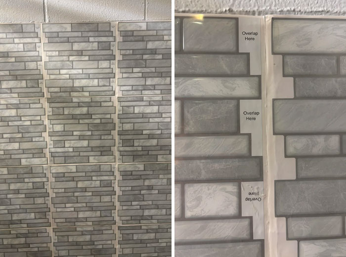 Wall tiles misaligned with overlapping edges, showing an imperfect pattern that may annoy people with OCD.
