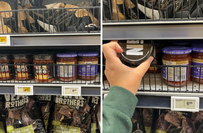Grocery shelf with jars misaligned and a hand adjusting one, showing imperfect organization frustrating people with OCD.