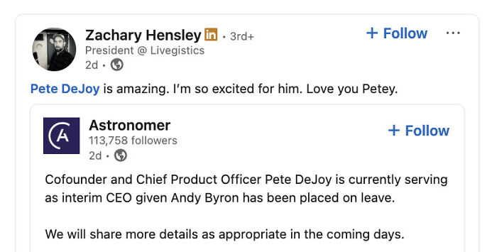 LinkedIn post announcing Astronomer interim CEO Pete DeJoy responding after Andy Byron’s leave amid Coldplay kiss cam controversy. LinkedIn post announcing Astronomer interim CEO Pete DeJoy responding after Andy Byron’s leave amid Coldplay kiss cam controversy.