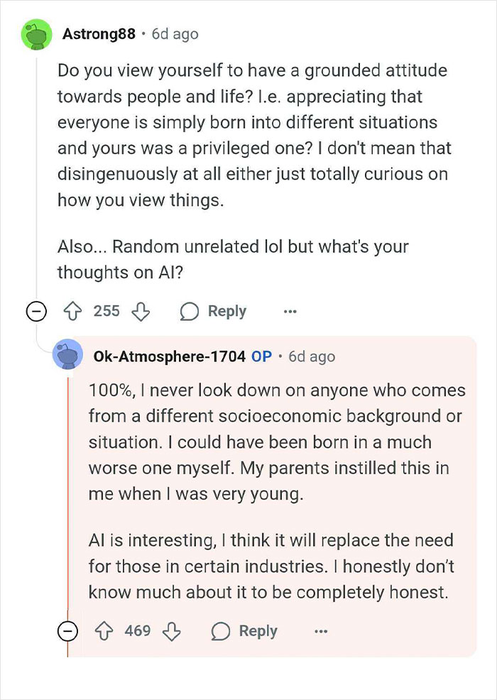 Online conversation about privilege and socioeconomic background among wealthy heirs discussing life at the top and family pressure.