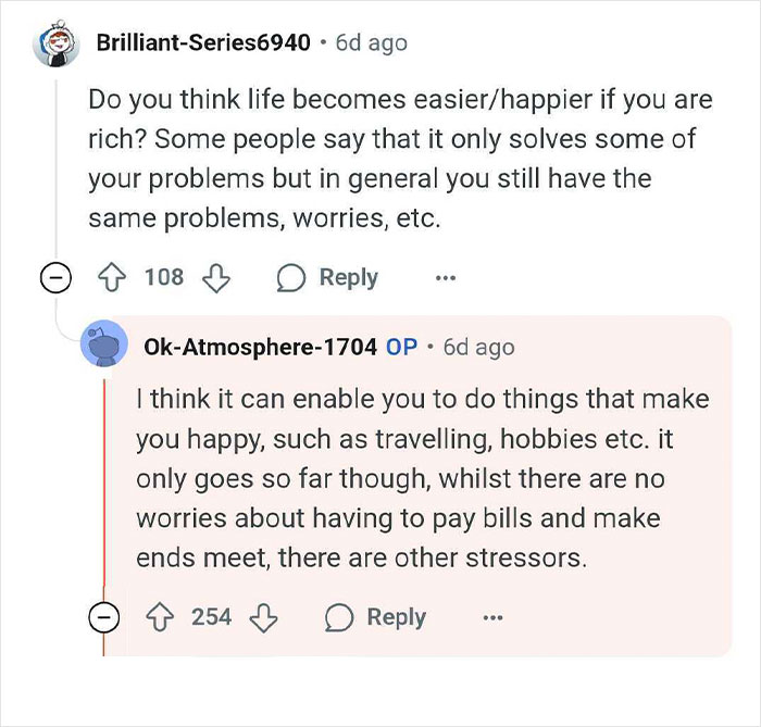 Reddit comments discussing how wealth affects happiness, worries, and stressors from a privileged perspective.