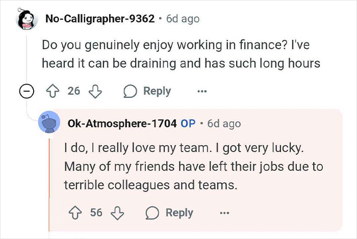 Reddit conversation discussing the challenges of finance careers and team experiences among wealthy heirs.