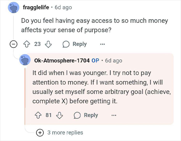 Reddit user discussing how wealthy heirs handle family pressure and privilege by setting goals before accessing money.