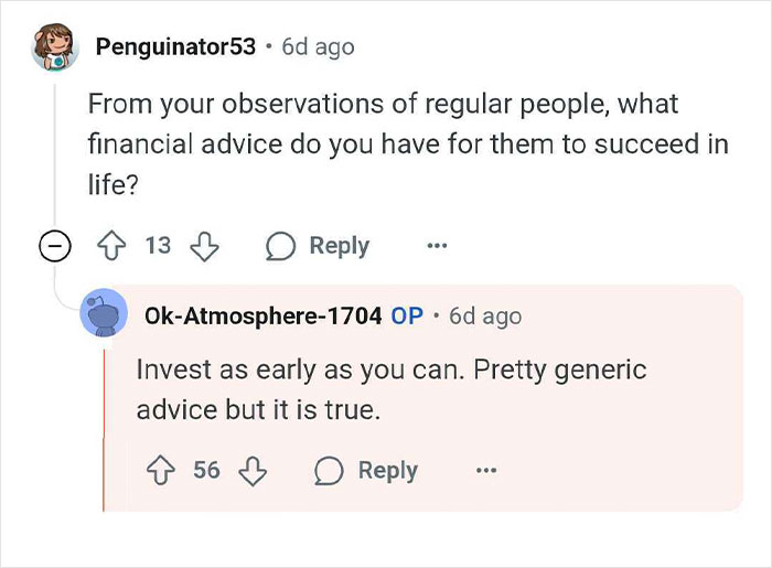 Screenshot of an online discussion about financial advice highlighting wealthy heirs and family privilege insights.
