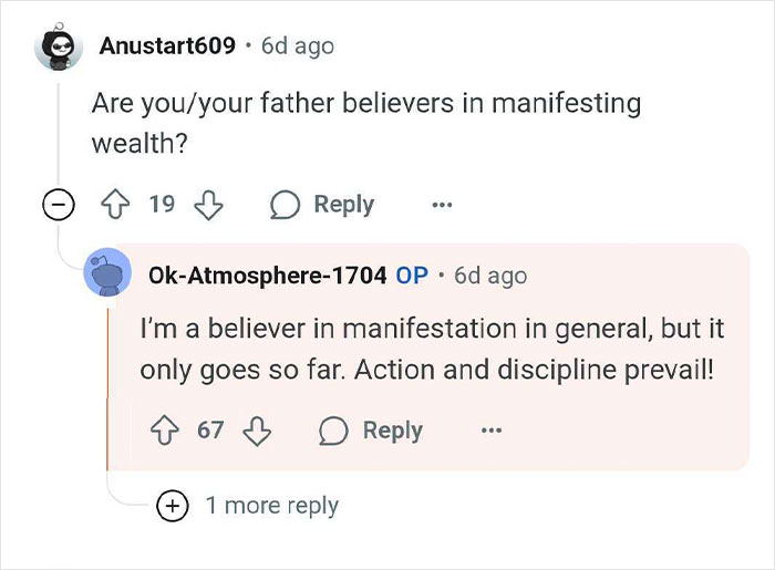 Reddit user discusses belief in wealth manifestation, highlighting action and discipline among wealthy heirs facing family pressure.