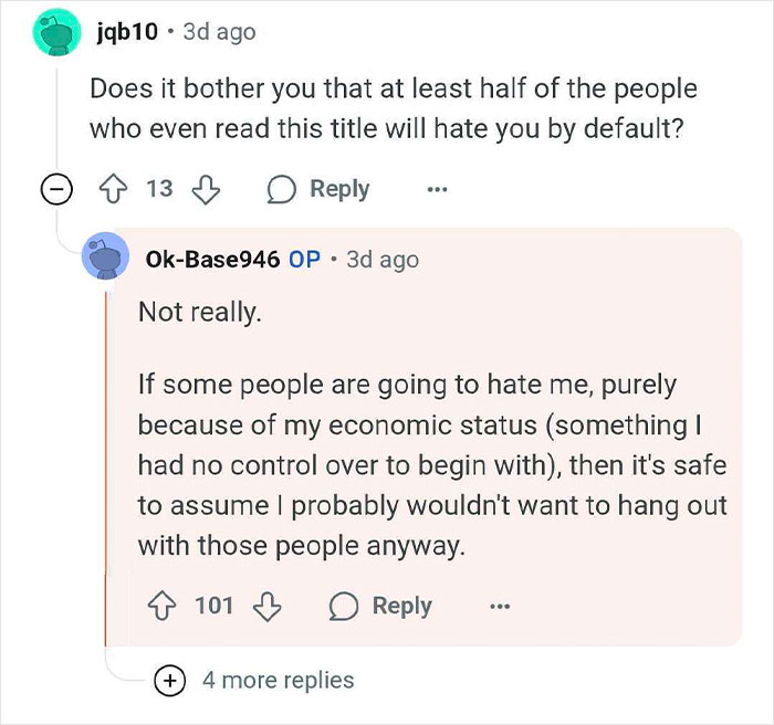 Reddit conversation showing wealthy heirs discussing family pressure, economic status, privilege, and social interactions online.