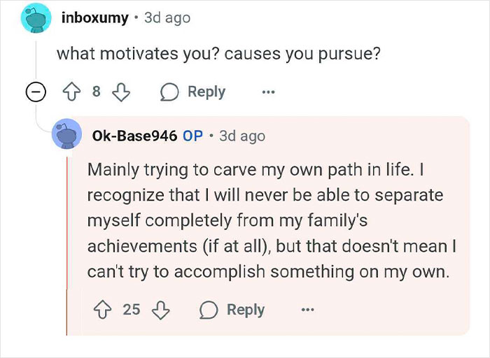 Reddit user discussing motivation and the challenges wealthy heirs face with family pressure and privilege.
