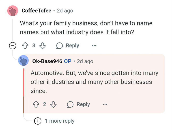 Reddit conversation about wealthy heirs discussing family business, industry diversification, and life under family pressure and privilege.