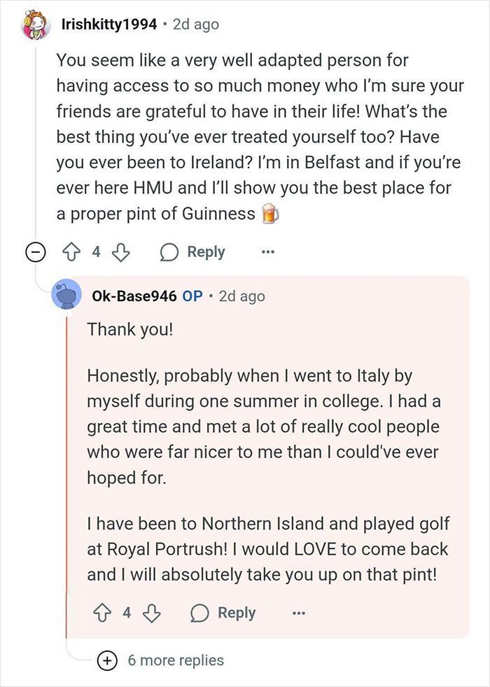 Reddit conversation showing wealthy heirs discussing family privilege, life experiences, and social connections at the top.