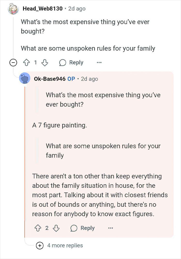 Reddit conversation where wealthy heirs discuss family pressure, privilege, and unspoken rules about privacy and finances.