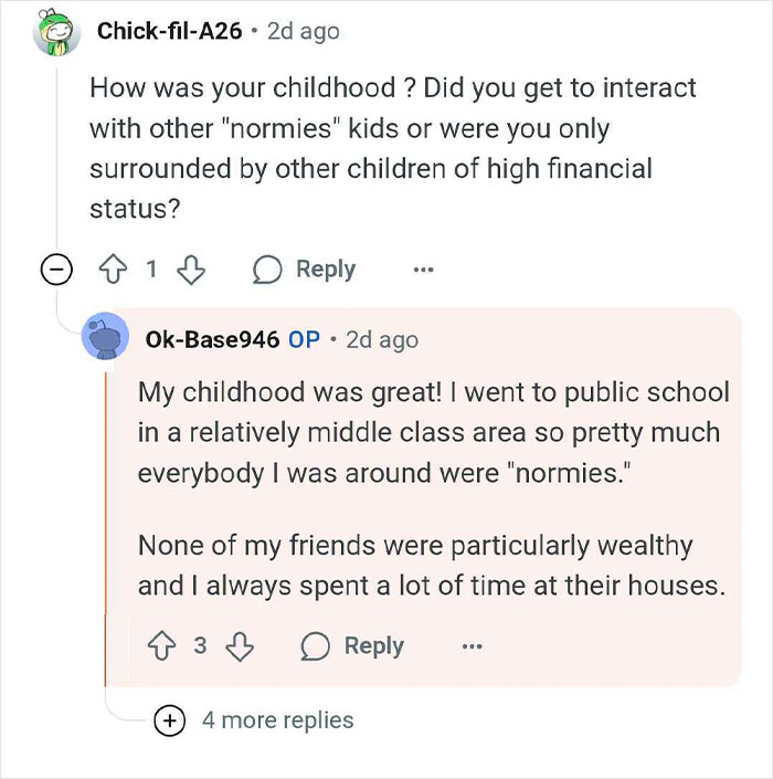 Reddit user discusses childhood experiences with family pressure and privilege among wealthy heirs at the top.