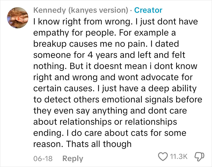 Comment from a sociopath explaining their lack of empathy and feelings about relationships and emotional signals.