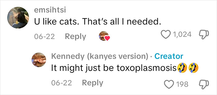 Comments on a social media post discussing sociopath answers people’s questions about feeling and liking cats.
