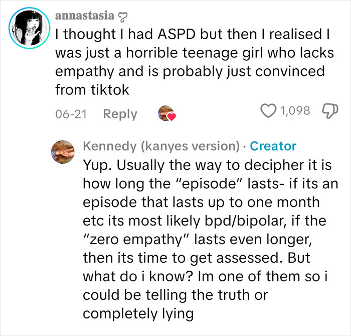 Commenter discussing empathy and ASPD with a sociopath creator explaining episode duration and zero empathy in mental health context.