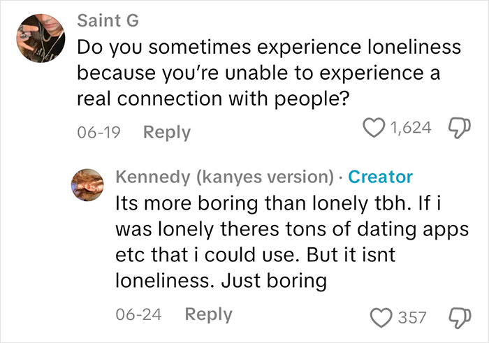 Commenter asks about loneliness and real connection while sociopath creator replies feeling boredom not loneliness in a candid exchange.