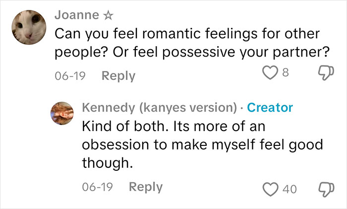 Comments showing a sociopath answering questions about feeling romantic and possessive emotions.