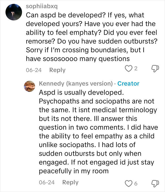 Commenter asking about developing ASPD and feeling empathy and remorse, with sociopath answering about empathy and outbursts.