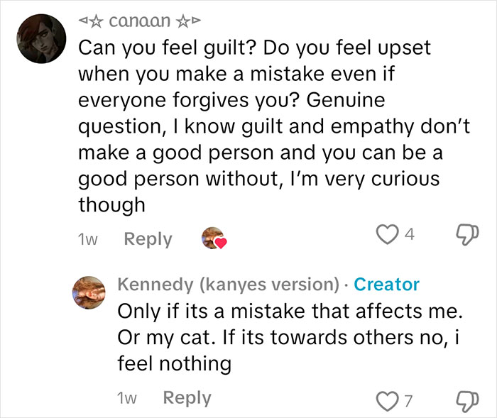 Commenter asking about feeling guilt, sociopath responds feeling nothing unless mistake affects them or their cat.