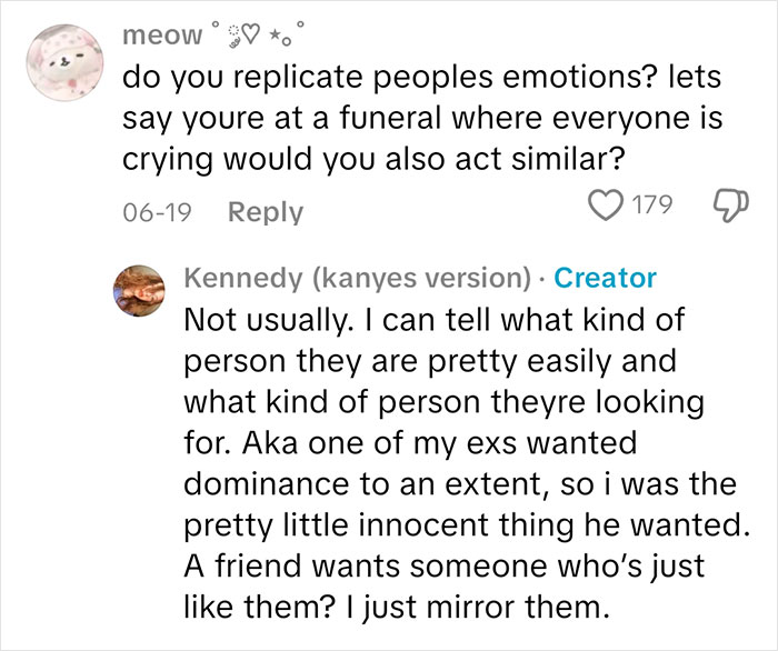 Screenshot of a sociopath answering people's questions about emotions and replicating others' feelings in a comment thread.