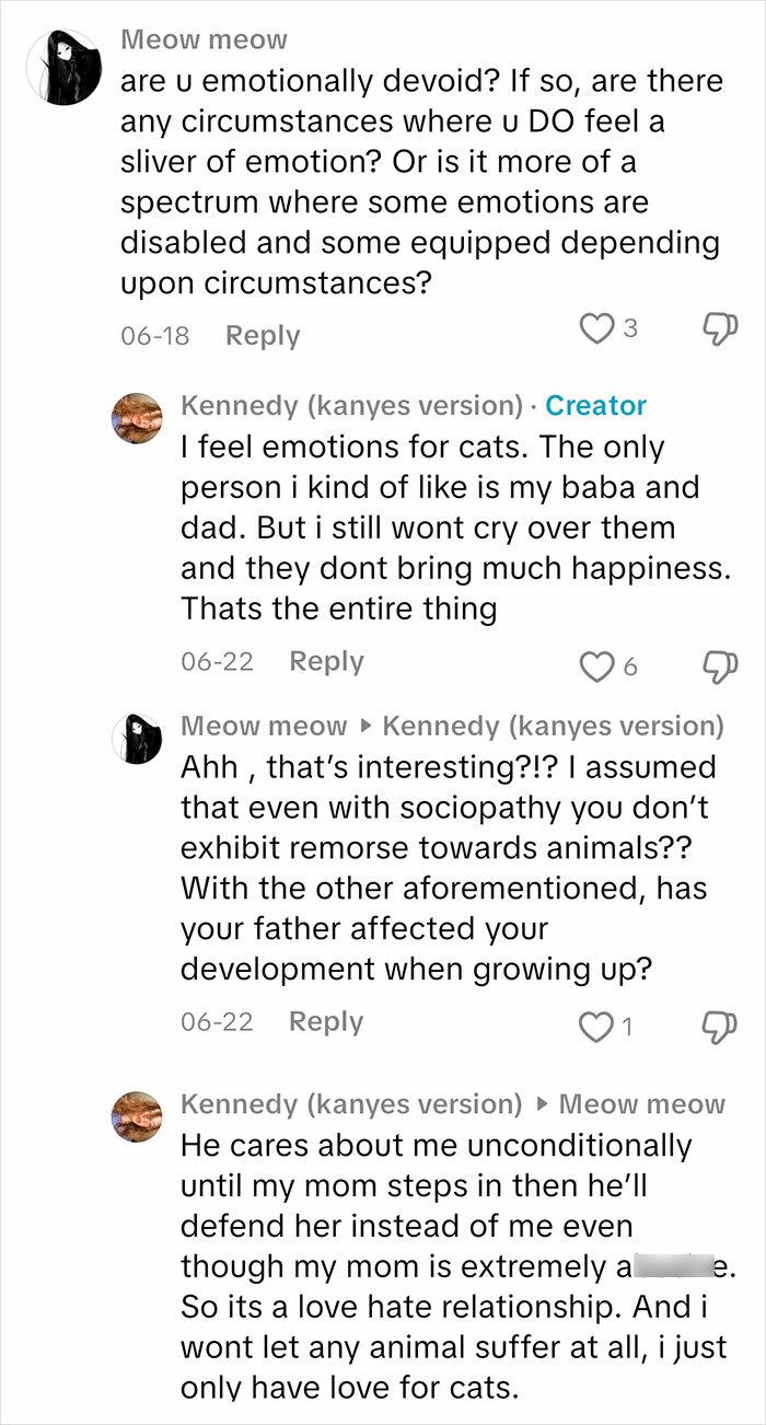 Chat exchange about sociopath feelings and emotional capacity, focusing on love for cats and complex family relationships.