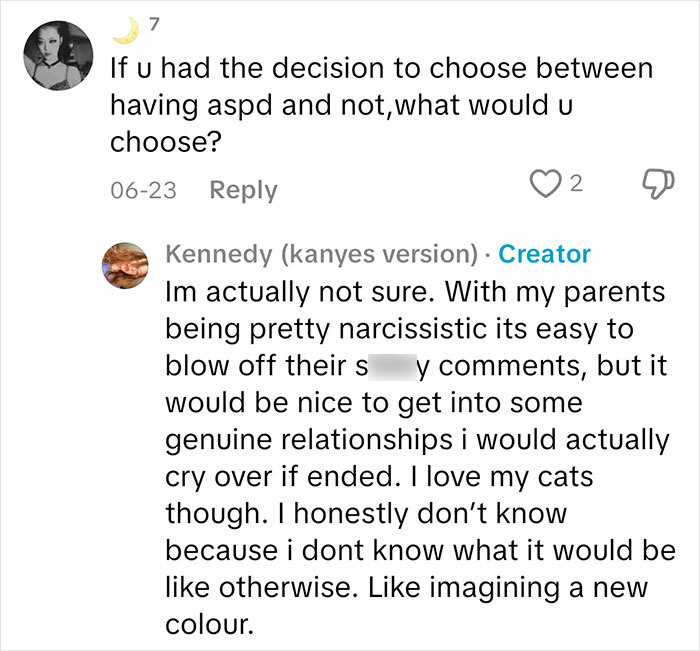 Commenter asks about choosing to have ASPD, creator with sociopath traits responds on relationships and emotions.