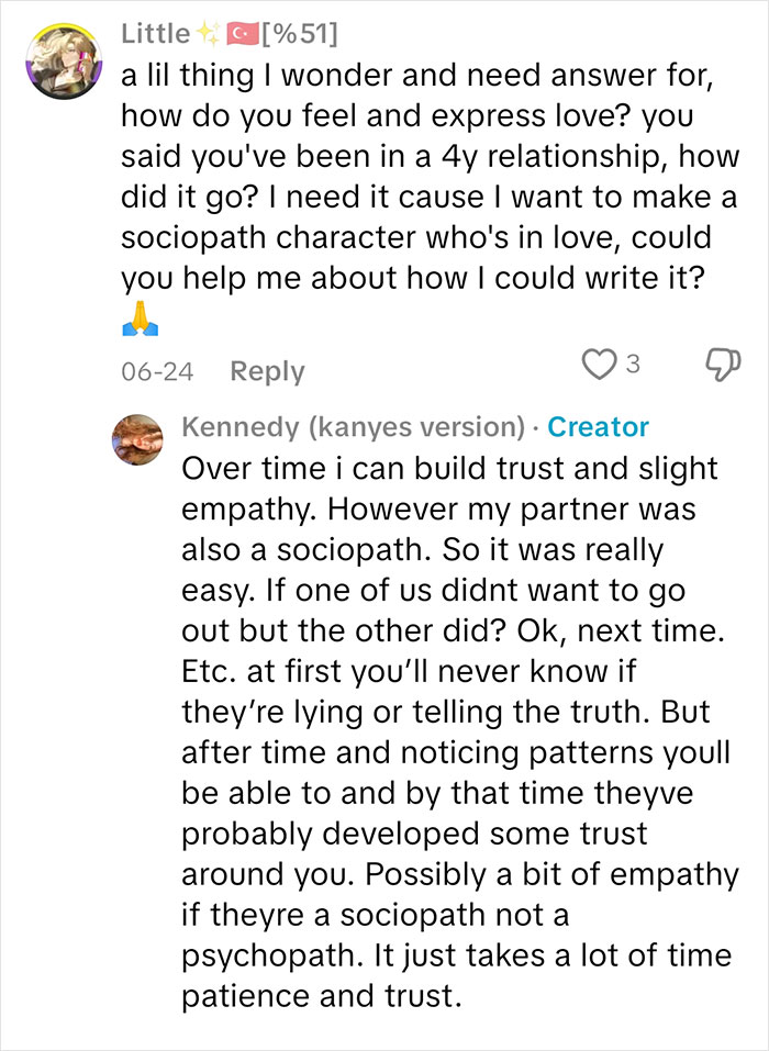 Text conversation showing a sociopath answering questions about feeling emotions, empathy, and trust in relationships.