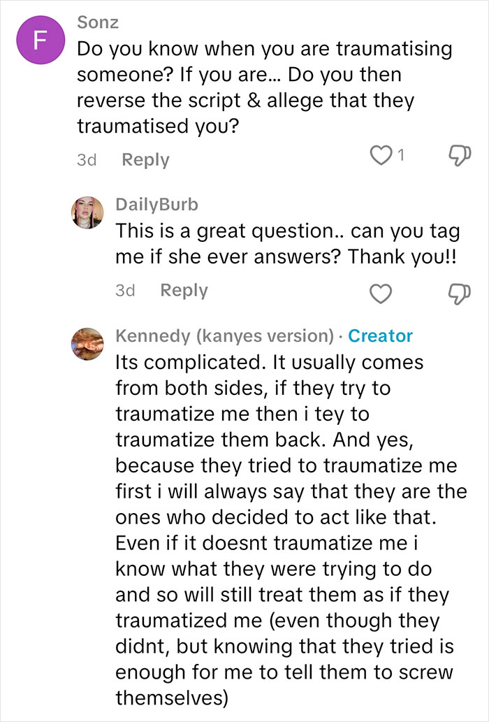 Comments discussing trauma and responses from a sociopath answering people's questions about feeling and trauma interactions.