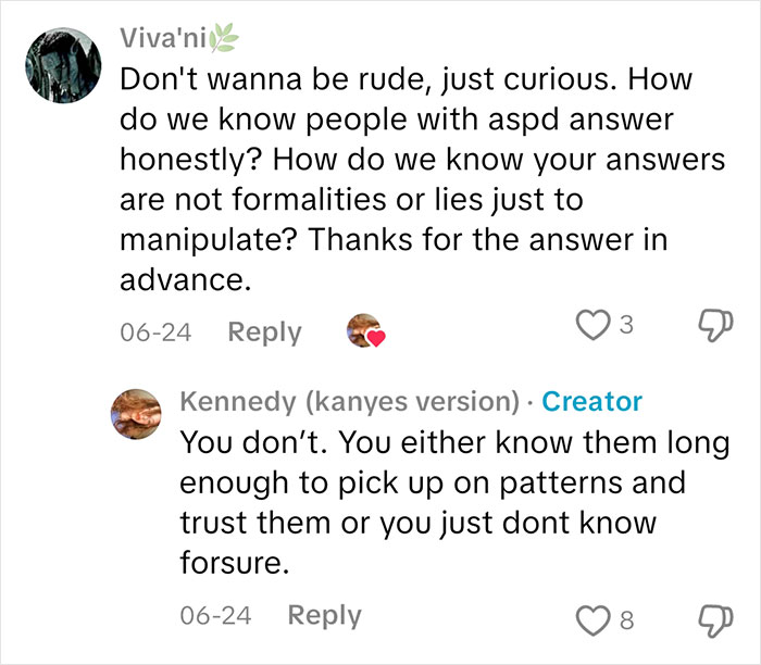 Screenshot of a social media Q&A where a sociopath answers questions about honesty and feelings in replies.