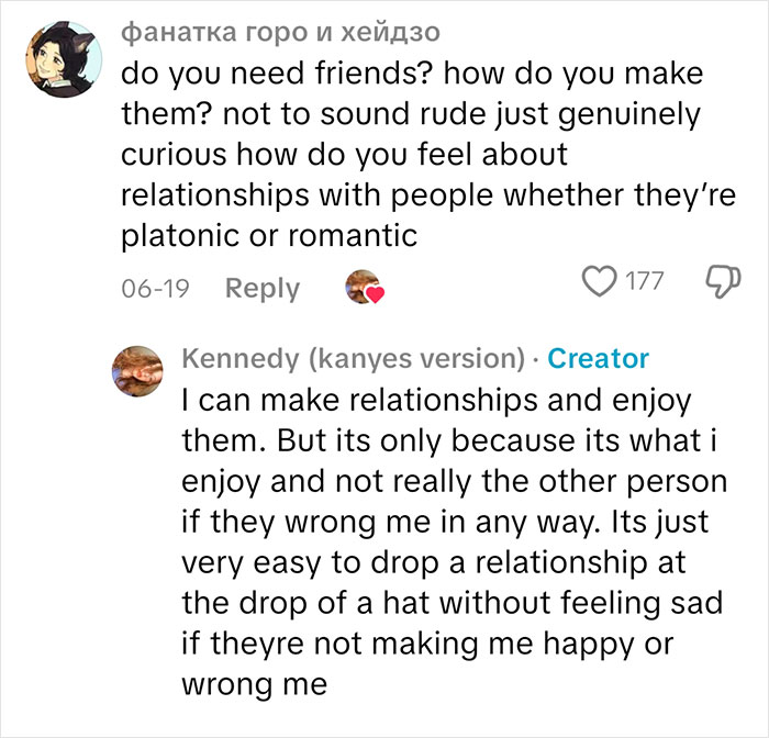 Commenter asks about friendships and feelings, sociopath explains relationships are for personal enjoyment without emotional attachment.