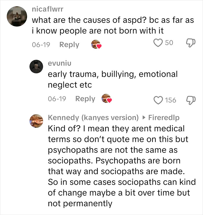 Comments discussing causes of ASPD, differences between psychopaths and sociopaths, and emotional trauma in sociopath answers.