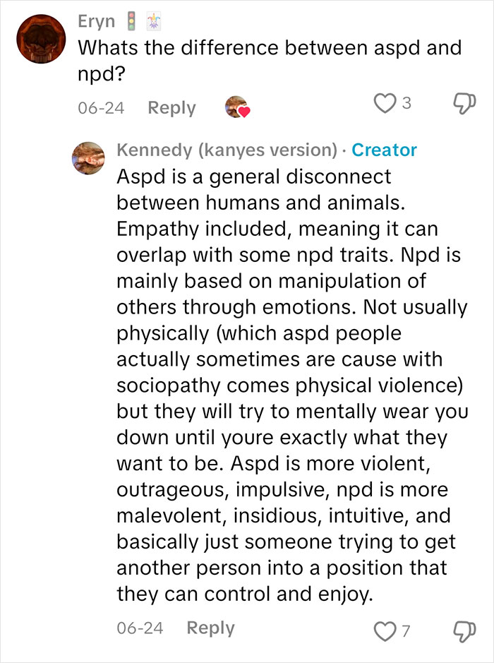 Social media conversation explaining differences between sociopath traits and others, discussing empathy and manipulation.