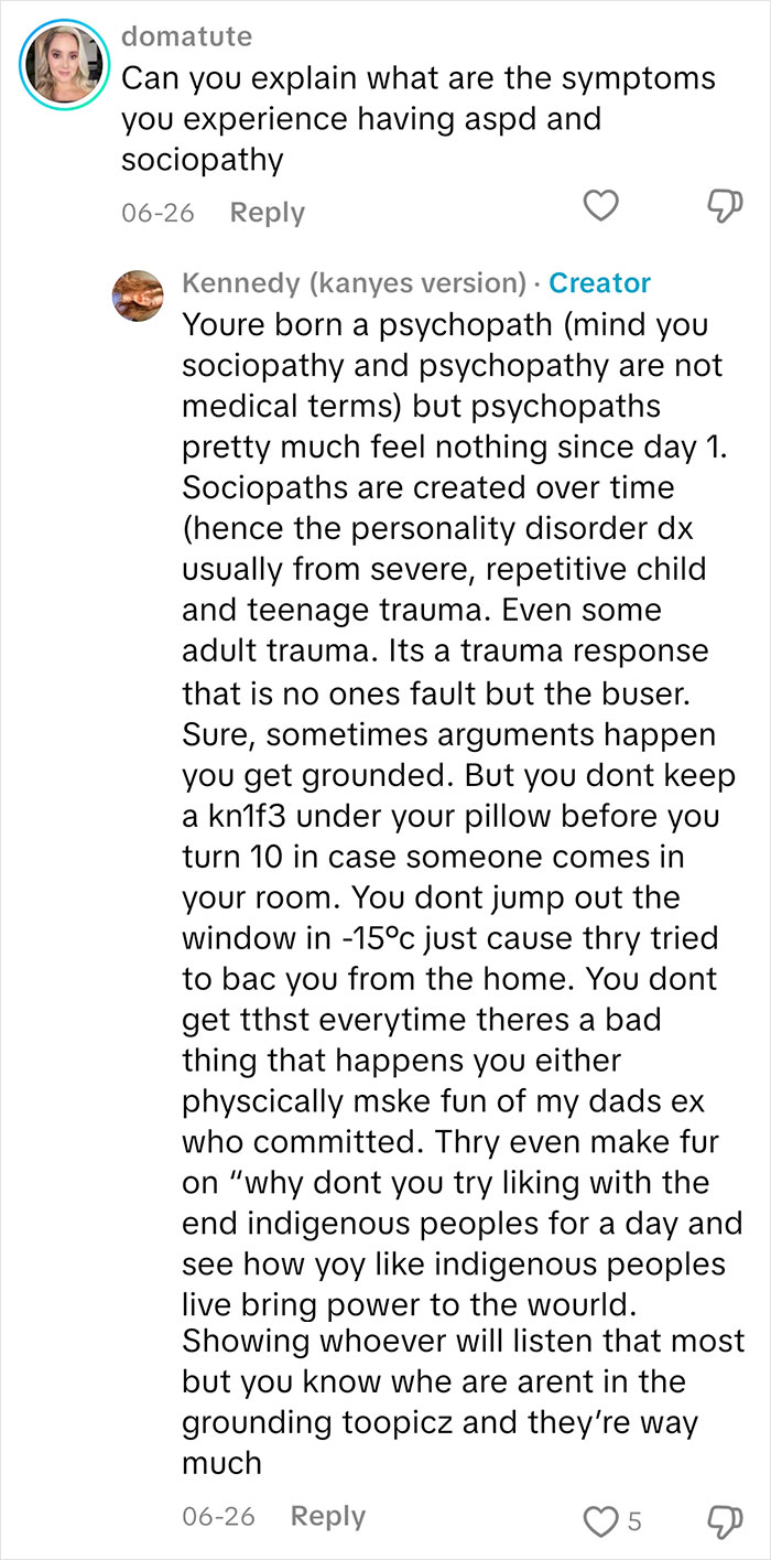 Commenter asks about sociopathy symptoms while creator explains differences between sociopaths and psychopaths in a detailed reply.