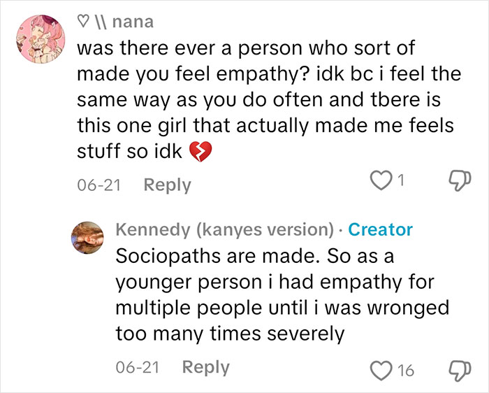 Text conversation showing a sociopath answering questions about feeling empathy and emotions from followers online.