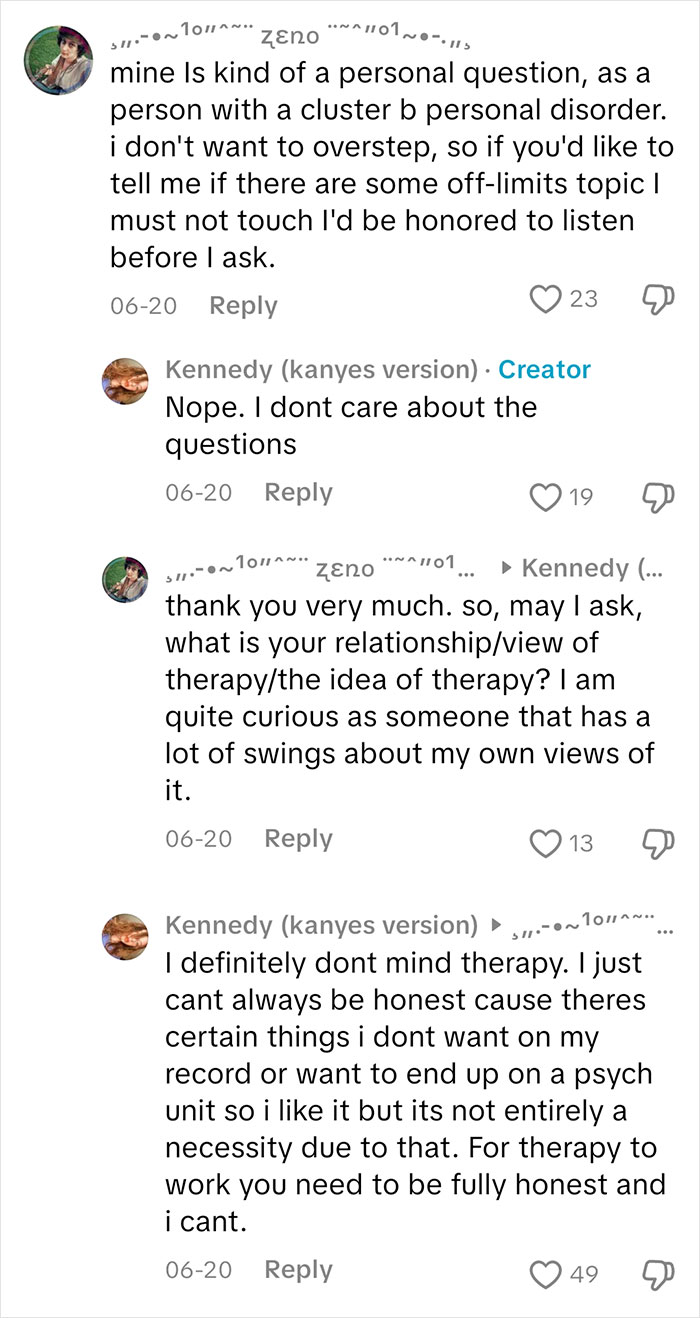 Comments from a sociopath answering people's questions about feelings and views on therapy in an online discussion.