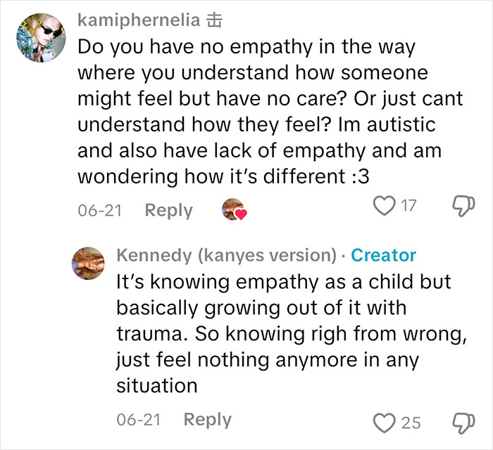Conversation screenshot showing a sociopath answering questions about feeling empathy and emotional experience.