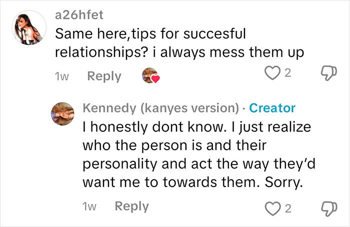 Conversation screenshot showing a sociopath answering questions about relationships and emotions in a social media comment thread.