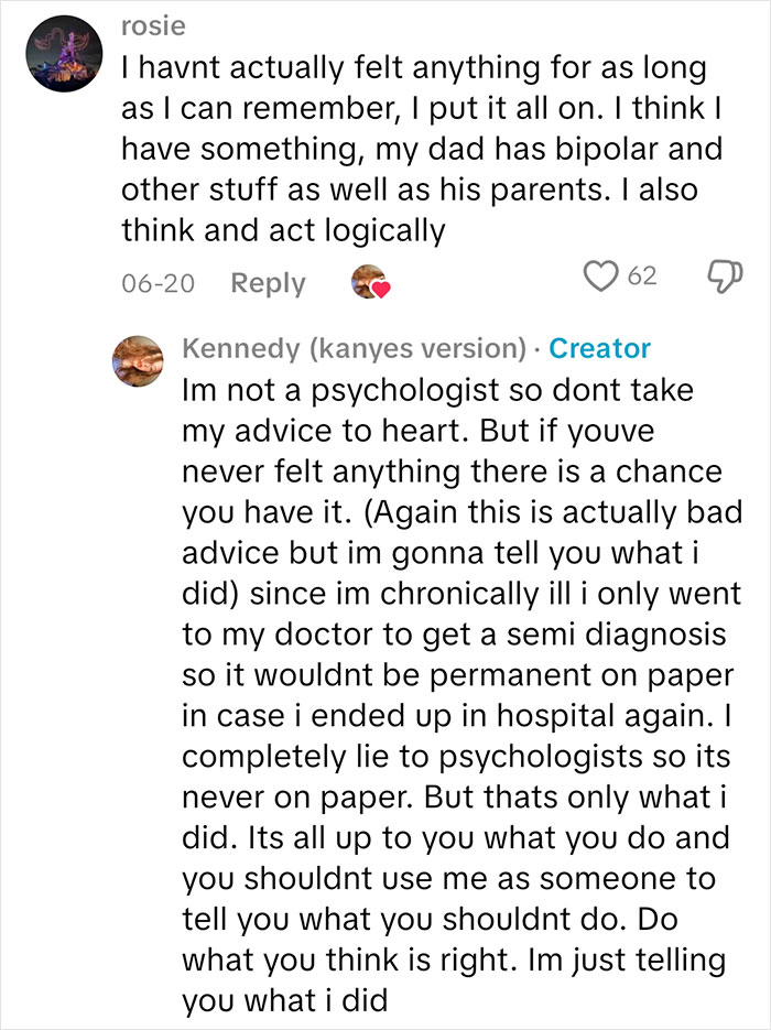 User comments on sociopath feelings discussing diagnoses, emotional experiences, and logical thinking in a question and answer format.