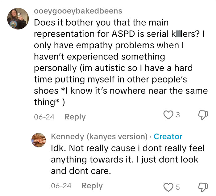 Social media comment discussing empathy issues and sociopath answers about feeling emotions in a text conversation.