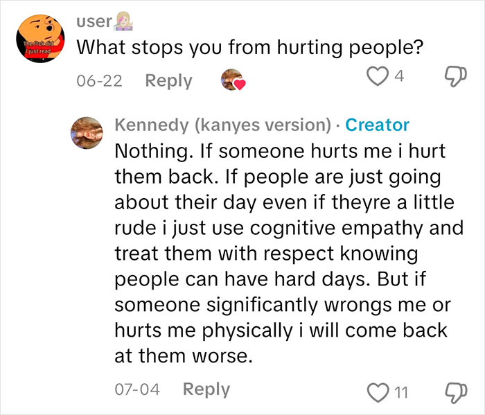 Online conversation where a sociopath answers questions about feeling and emotional reactions to hurt and respect.