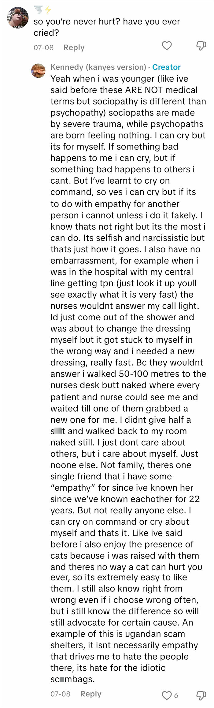 Text conversation showing a sociopath discussing feelings, crying on command, and lack of empathy for others.