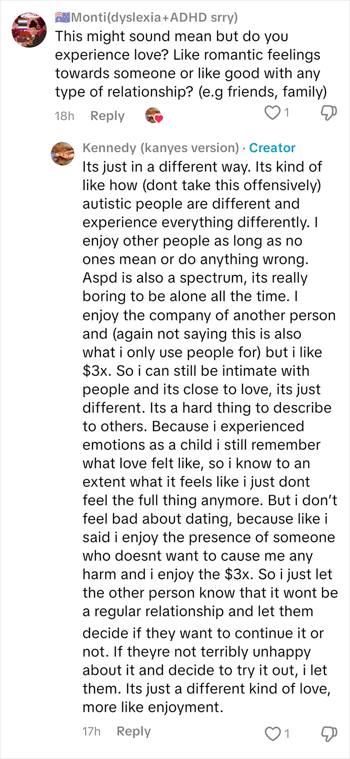 Comment conversation about sociopath answers people's questions regarding feelings and relationships on social media.