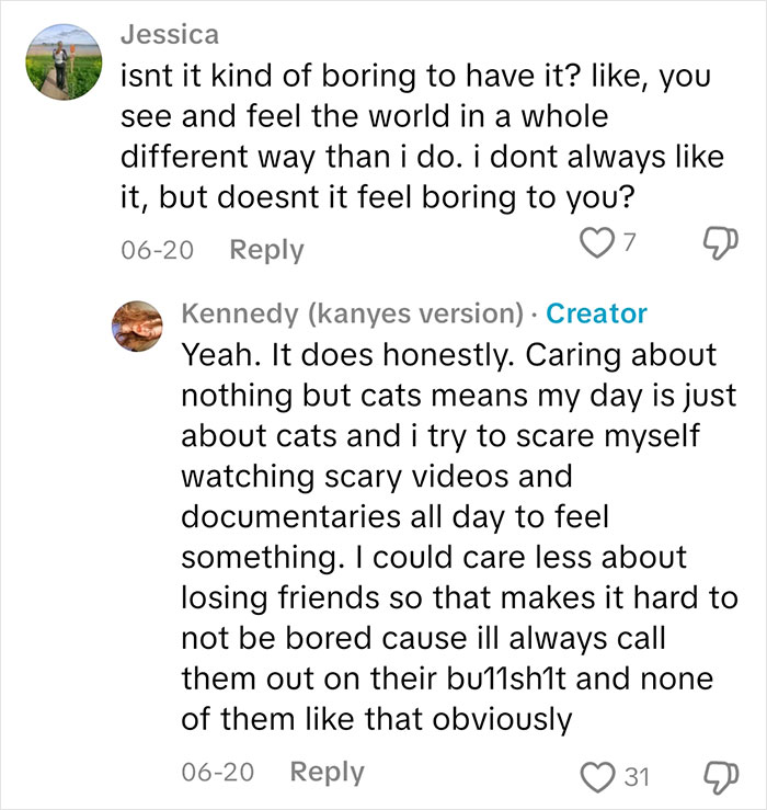 Comment exchange on sociopath answers about feeling bored due to lack of emotions and caring only about cats.