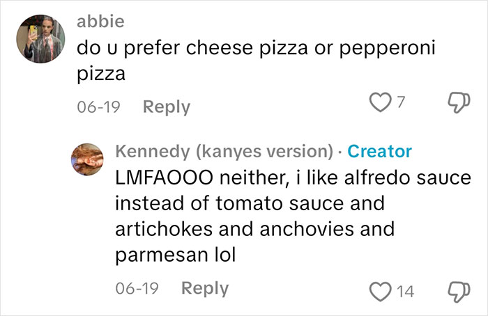 Screenshot of a sociopath answering questions about feelings with unique pizza preferences involving alfredo sauce and toppings.