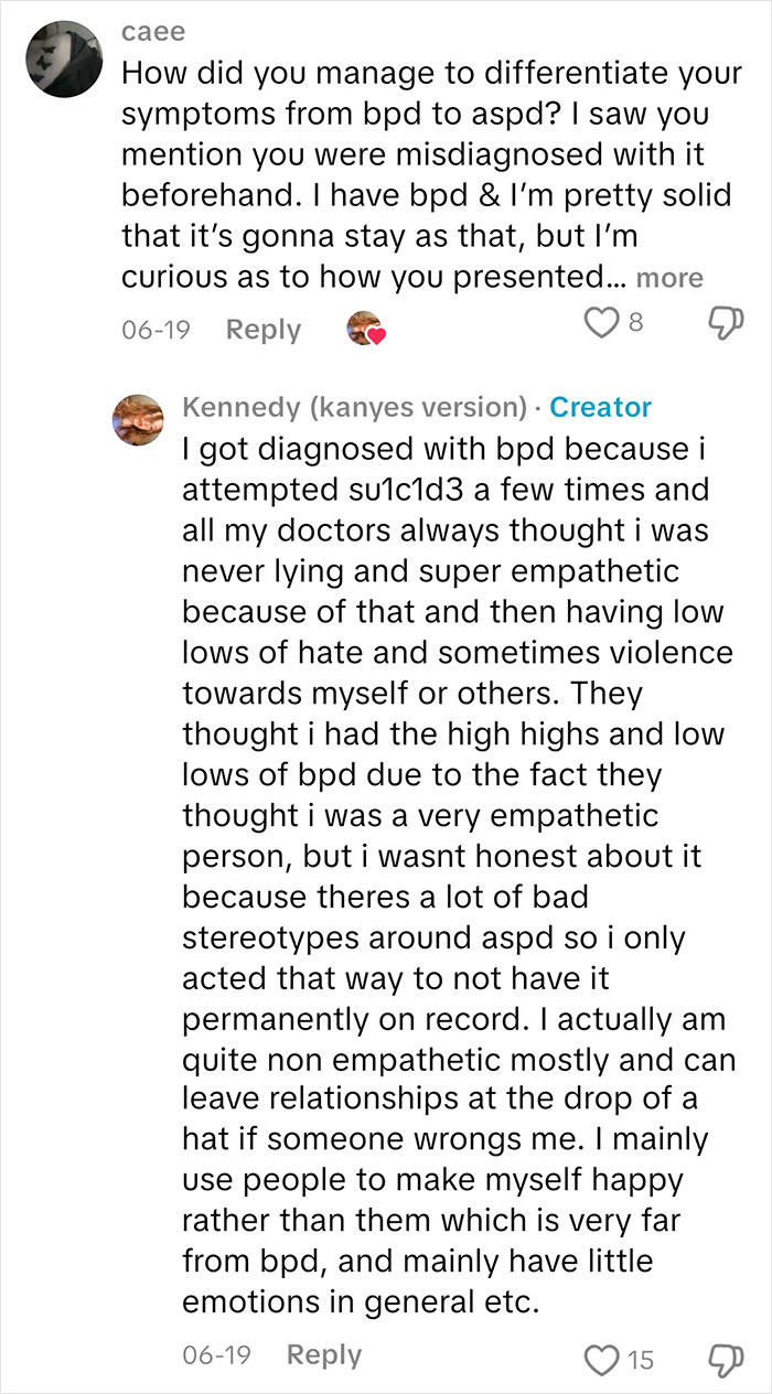 Commenter discusses differentiating symptoms of sociopath and borderline personality disorder, focusing on lack of empathy and emotions.