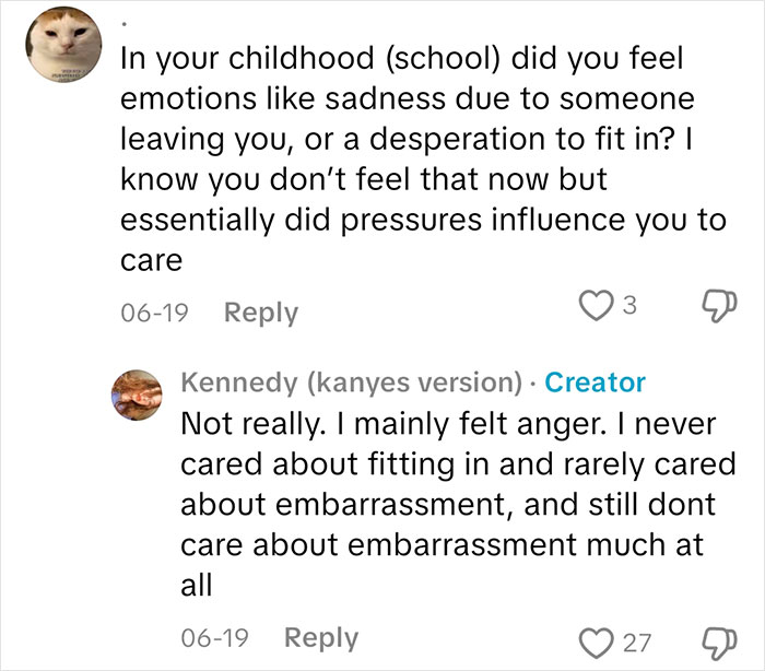 Chat conversation showing a sociopath answering questions about feeling emotions like anger and fitting in during childhood.