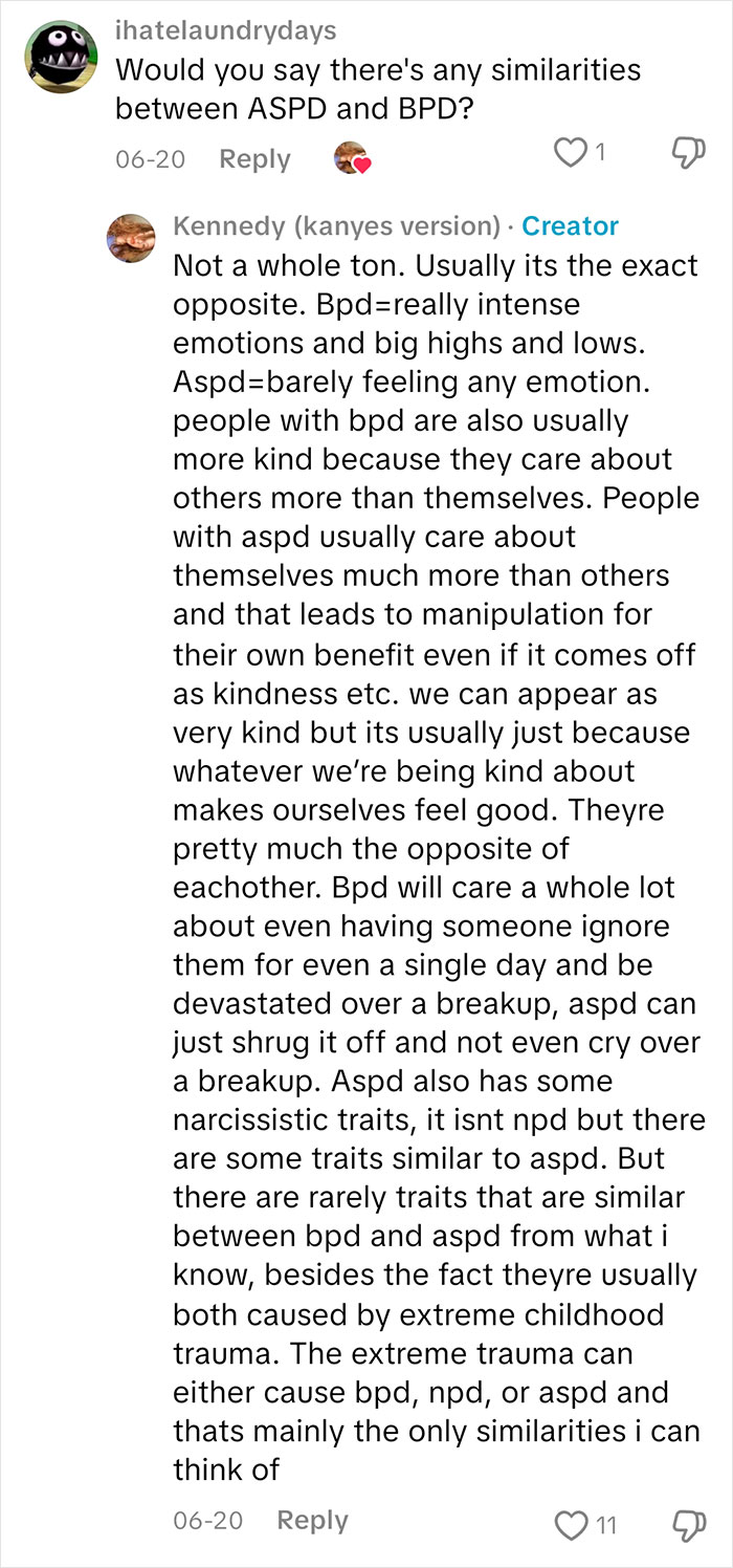 TikTok text conversation explaining differences between ASPD and BPD, highlighting sociopath feelings and emotional traits.