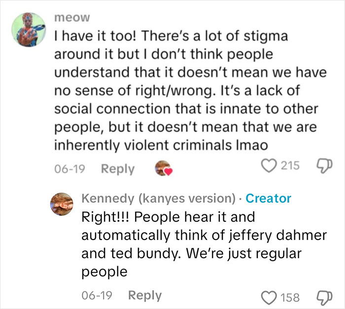 Comment discussing sociopath stigma and social connection, clarifying sociopaths are not inherently violent criminals.