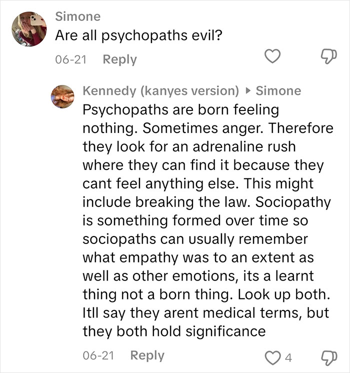 Comment conversation discussing sociopaths and psychopaths, explaining feelings and differences in empathy and emotions.